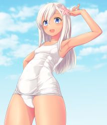 Rule 34 | 1girl, absurdres, blonde hair, blue eyes, blue sky, breasts, cameltoe, cloud, cowboy shot, day, flower, from below, hair flower, hair ornament, highres, kantai collection, long hair, old school swimsuit, one-piece swimsuit, outdoors, ro-500 (kancolle), school swimsuit, sky, small breasts, solo, standing, swimsuit, takafumi, tan, white one-piece swimsuit