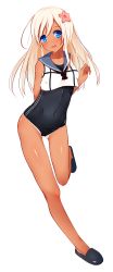 Rule 34 | 10s, 1girl, absurdres, black footwear, blonde hair, blue eyes, covered navel, crop top, flower, full body, gin00, gluteal fold, hair between eyes, hair flower, hair ornament, hibiscus, highres, kantai collection, long hair, looking at viewer, one-piece swimsuit, one-piece tan, open mouth, ro-500 (kancolle), sailor collar, school swimsuit, school uniform, serafuku, simple background, slippers, solo, swimsuit, swimsuit under clothes, tan, tanline, transparent background, white background