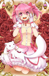 Rule 34 | + +, 10s, 1girl, :3, :d, ahoge, bad id, bad pixiv id, blush, bubble skirt, choker, flower, gloves, highres, kaname madoka, kaname madoka (magical girl), kyubey, looking at viewer, magical girl, magister, mahou shoujo madoka magica, mahou shoujo madoka magica (anime), open mouth, petticoat, pink eyes, pink hair, puffy sleeves, red eyes, rose, short hair, short sleeves, short twintails, skirt, smile, soul gem, twintails, white gloves