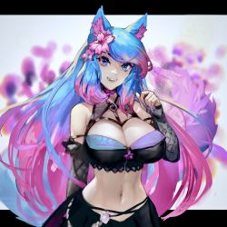 Rule 34 | 1girl, animal ears, arm behind back, bare shoulders, black gloves, blue eyes, blue hair, blue nails, breasts, cat ears, choker, cleavage, commentary, elbow gloves, english commentary, fangs, flower, gloves, gradient hair, grin, hair flower, hair ornament, hand up, highres, indie virtual youtuber, large breasts, letterboxed, long hair, looking at viewer, multicolored hair, nail polish, navel, open mouth, pink choker, pink flower, pink hair, silvervale, silvervale (4th costume), smile, solo, stomach, two-tone hair, unsomnus, very long hair, virtual youtuber