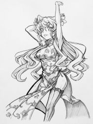 Rule 34 | 10s, 1girl, armpits, arms up, bare hips, breasts, china dress, chinese clothes, dress, flower, graphite (medium), greyscale, hair flower, hair ornament, justi39gx, long hair, maria cadenzavna eve, monochrome, senki zesshou symphogear, simple background, sleeveless, smile, solo, thighhighs, traditional media