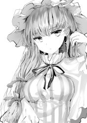 Rule 34 | 1girl, breasts, dress, greyscale, hat, long hair, looking at viewer, medium breasts, mob cap, monochrome, patchouli knowledge, polpol, ribbon, simple background, solo, striped clothes, striped dress, touhou, upper body, vertical-striped clothes, vertical-striped dress, white background