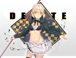 Rule 34 | 1girl, apron, artoria pendragon (alter swimsuit rider) (fate), artoria pendragon (alter swimsuit rider) (second ascension) (fate), artoria pendragon (fate), bad id, bad pixiv id, bikini, bikini top only, black bikini, black skirt, black thighhighs, blonde hair, breasts, closed mouth, dhfz181, fate/grand order, fate (series), frilled apron, frills, hair between eyes, holding, holding weapon, hood, hoodie, looking at viewer, maid, maid bikini, midriff, navel, open clothes, open hoodie, polearm, sidelocks, skirt, small breasts, smile, solo, swimsuit, thighhighs, unconventional maid, waist apron, weapon, yellow eyes