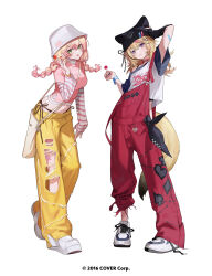 Rule 34 | 2girls, bag, black headwear, black panties, blonde hair, braid, bucket hat, candy, commentary request, copyright notice, food, fox girl, fox tail, full body, green eyes, hair ornament, hairclip, hat, holding, holding candy, holding food, holding lollipop, hololive, itefu, leaning forward, lollipop, long hair, looking at viewer, midriff, momosuzu nene, multicolored hair, multiple girls, navel, omaru polka, overalls, panties, pants, pink hair, pink shirt, purple eyes, red overalls, shirt, shoes, shoulder bag, side-tie panties, simple background, standing, streaked hair, striped sleeves, t-shirt, tail, tongue, tongue out, torn clothes, torn pants, twin braids, underwear, virtual youtuber, white background, white footwear, white headwear, yellow pants