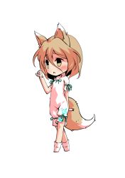 Rule 34 | 1girl, animal ears, black eyes, blonde hair, blush, bow, breasts, brown eyes, chibi, dairi, fox ears, fox tail, full body, green bow, hair between eyes, hand up, jumpsuit, kudamaki tsukasa, looking to the side, open mouth, short hair, short sleeves, simple background, small breasts, socks, solo, standing, tachi-e, tail, test tube, touhou, transparent background, white background, white jumpsuit, white sleeves, white socks