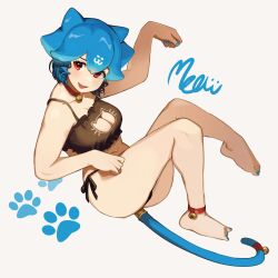 Rule 34 | 1girl, absurdres, ankle bell, bao (vtuber), barefoot, bell, black bra, black panties, blue hair, blue nails, bra, breasts, cat cutout, cat lingerie, cat tail, cleavage cutout, clothing cutout, full body, highres, indie virtual youtuber, knees up, medium breasts, meme attire, midriff, navel, neck bell, panties, paw print, shadow, side-tie panties, simple background, solo, tail, thernz, underwear, virtual youtuber, white background