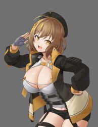 Rule 34 | 1girl, :d, ahoge, ajidot, anis (nikke), beret, black hat, black jacket, black shorts, breasts, brown hair, collarbone, crop top, fingerless gloves, gloves, goddess of victory: nikke, grey gloves, grey shirt, hat, highres, huge breasts, jacket, leaning forward, light blush, multicolored clothes, multicolored jacket, open mouth, orange jacket, salute, shirt, short hair, short shorts, shorts, simple background, single glove, smile, solo, thigh strap, two-tone jacket, yellow eyes
