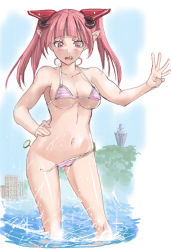 Rule 34 | 1girl, akasaai, bad id, bad pixiv id, bikini, blush, day, demon girl, hair ornament, hand on own hip, hip focus, horns, navel, o-ring, o-ring bottom, open mouth, original, pink eyes, pink hair, pointy ears, sketch, solo, striped bikini, striped clothes, swimsuit, twintails, wardrobe malfunction, water, wet