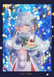 Rule 34 | 1girl, ahoge, bell, black bra, black gloves, blurry, blush, bokeh, border, bow, bowtie, bra, bright pupils, cake, cake slice, capelet, depth of field, dress, eating, elbow gloves, fate/grand order, fate (series), food, fork, fruit, fur-trimmed gloves, fur trim, glint, gloves, green bow, green bowtie, hair bow, headpiece, jeanne d&#039;arc (fate), jeanne d&#039;arc alter santa lily (fate), long hair, looking at viewer, plate, pom pom (clothes), shutsuri, silver hair, solo, star (symbol), strawberry, striped bow, striped bowtie, striped clothes, striped neckwear, tareme, twitter username, underwear, upper body, very long hair, white dress, yellow eyes