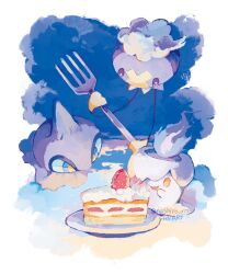 Rule 34 | absurdres, blue fire, cake, cake slice, commentary, creatures (company), drifloon, fire, fire, food, fork, fruit, game freak, gen 3 pokemon, gen 4 pokemon, gen 5 pokemon, highres, holding, holding fork, litwick, looking down, nashiro o77o, nintendo, no humans, open mouth, plate, pokemon, pokemon (creature), shuppet, smile, strawberry, symbol-only commentary, yellow eyes