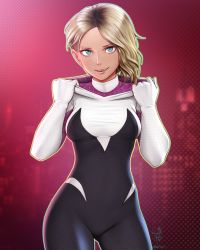 Rule 34 | 1girl, animification, asymmetrical hair, blonde hair, blue eyes, bodysuit, breasts, commentary request, contrapposto, eyebrow piercing, gwen stacy, highres, hood, hood down, hooded bodysuit, horiishi horuto, lips, looking at viewer, marvel, medium breasts, no mask, parted lips, piercing, short hair, skin tight, solo, spider-gwen, spider-man: into the spider-verse, spider-man (series), spider-verse, standing, superhero costume, undercut
