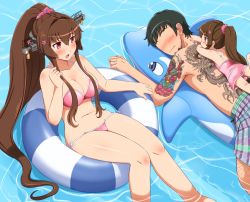 Rule 34 | 10s, 1boy, 2girls, artist self-insert, bad id, bad pixiv id, beard, bikini, black hair, blush, breasts, brown hair, child, faceless, faceless male, facial hair, father and daughter, flower, hair flower, hair ornament, inflatable toy, inflatable whale, innertube, jewelry, kantai collection, ko-yamato, large breasts, long hair, male swimwear, mother and daughter, multiple girls, open mouth, pink bikini, pink eyes, plaid clothes, plaid swim trunks, ponytail, pool, print male swimwear, print swim trunks, print swimsuit, purple male swimwear, purple swim trunks, ring, shin&#039;en-san (shin&#039;en), shin&#039;en (gyokuro company), short hair, side-tie bikini bottom, swim ring, swim trunks, swimsuit, tattoo, very long hair, water, wedding band, wedding ring, yamato (kancolle)