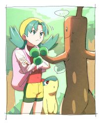 Rule 34 | ..., 1girl, ?, backpack, bag, bike shorts, border, closed mouth, commentary request, creatures (company), cropped jacket, crossed arms, eyelashes, frown, game freak, gen 2 pokemon, green eyes, green hair, hat, highres, jacket, kris (pokemon), long hair, long sleeves, morio (poke orio), nintendo, pink bag, pokemon, pokemon (creature), pokemon gsc, quilava, red shirt, shirt, smile, spoken ellipsis, spoken question mark, sudowoodo, sweat, twintails, white border, white jacket, yellow headwear