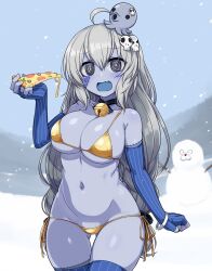 Rule 34 | 1girl, bell, bikini, black eyes, blue gloves, blue skin, blue thighhighs, breasts, character request, colored skin, copyright request, day, elbow gloves, fang, fingerless gloves, food, gloves, gold bikini, grey hair, hair ornament, holding, holding food, holding pizza, jingle bell, large breasts, looking at viewer, lowleg, lowleg bikini, navel, neck bell, octopus, pizza, pizza slice, skull hair ornament, smile, snowing, snowman, solo, swimsuit, thighhighs, umaway