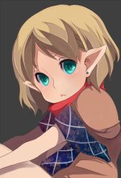 Rule 34 | 1girl, bad id, bad twitter id, blonde hair, blush, dress, earrings, from side, frown, green eyes, grey background, hugging own legs, jewelry, looking at viewer, mizuhashi parsee, multicolored clothes, multicolored dress, pointy ears, scarf, short hair, simple background, sitting, solo, touhou, uni mate