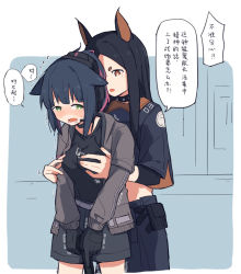Rule 34 | 2girls, animal ears, arknights, black gloves, black hair, breasts, brown eyes, cat ears, chinese commentary, chinese text, coldcat., collar, commentary, dobermann (arknights), dog ears, gloves, green eyes, groping, gun, holding, holding gun, holding weapon, jessica (arknights), long sleeves, medium breasts, midriff, mole, mole under eye, multiple girls, open mouth, simplified chinese text, sweat, translated, trembling, weapon, yuri