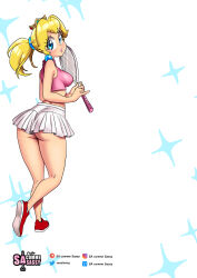 Rule 34 | 1girl, absurdres, ass, bare shoulders, blonde hair, blue eyes, breasts, closed mouth, crop top, crown, earrings, from behind, full body, highres, jewelry, large breasts, lips, long hair, looking at viewer, looking back, mario (series), mario tennis, midriff, miniskirt, nintendo, pleated skirt, ponytail, princess peach, racket, red footwear, sasa tseng, shoes, simple background, skirt, sleeveless, sneakers, solo, sportswear, standing, tennis racket, tennis uniform, white background, white skirt