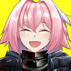 Rule 34 | 1boy, :d, ^ ^, arknights, astolfo (fate), black jacket, blush, closed eyes, commentary, cosplay, doctor (arknights), doctor (arknights) (cosplay), english commentary, facing viewer, fang, fate/grand order, fate (series), hair between eyes, hair intakes, highres, irkawaza, jacket, male focus, open mouth, pink hair, portrait, short hair, simple background, skin fang, smile, solo, yellow background
