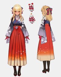 Rule 34 | 1girl, blonde hair, blush, boots, bow, brown footwear, character sheet, closed mouth, cross-laced footwear, dark-skinned female, dark skin, elf, from behind, from side, full body, gloves, grey background, hair bow, hakama, hakama skirt, half updo, high heel boots, high heels, highres, hololive, japanese clothes, kagami mochi, kimono, kintsuba (shiranui flare), lace-up boots, lack, long hair, long sleeves, multiple views, official art, pointy ears, ponytail, red eyes, red gloves, second-party source, shiranui flare, shiranui flare (new year), simple background, skirt, turnaround, virtual youtuber, wide sleeves