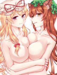 Rule 34 | 2girls, aged up, animal ear fluff, animal ears, asymmetrical docking, blonde hair, bow, breast press, breasts, brown eyes, brown hair, cat ears, chen, closed mouth, commentary request, completely nude, earrings, fang, fang out, green headwear, hair bow, hair ribbon, hat, highres, jewelry, large breasts, light blush, long hair, looking at viewer, mayor, mob cap, multiple girls, nude, purple eyes, red bow, ribbon, simple background, single earring, smile, touhou, tress ribbon, upper body, very long hair, white background, white headwear, yakumo yukari, yuri