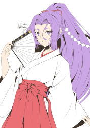 Rule 34 | 1girl, commentary request, commission, cowboy shot, folding fan, hakama, hand fan, hatsuharu (kancolle), highres, hikimayu, japanese clothes, kantai collection, long hair, miko, ponytail, purple eyes, purple hair, red hakama, shide, short eyebrows, simple background, solo, taira yuuki, white background