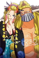 Rule 34 | 1boy, 1girl, black kimono, black maria (one piece), blonde hair, blue eyes, braid, breasts, cleavage, coat, fake horns, floral print, flower, fur coat, hair flower, hair ornament, hand on own face, highres, horns, jack (one piece), japanese clothes, kimono, large breasts, long hair, long sleeves, looking at viewer, mask, mouth mask, muscular, muscular male, one eye closed, one piece, open clothes, ponytail, print kimono, red horns, smile, sweatdrop, tongue, tongue out, twin braids, upper body, wide sleeves, yuuya (hakase-luv)