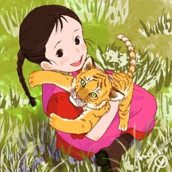 Rule 34 | 1girl, 2022, :d, animal, black eyes, black hair, boots, braid, brown footwear, brown hair, child, chinese zodiac, dress, from above, grass, happy, holding, holding animal, long hair, looking at viewer, looking up, lowres, lucy may popple, minami no niji no lucy, oekaki, open mouth, pink dress, red dress, sakai yume, signature, sitting, smile, teeth, tiger, world masterpiece theater, year of the tiger