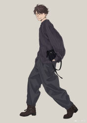 Rule 34 | 1boy, absurdres, alternate costume, bag, black bag, black footwear, blue sleeves, blue sweater, brown eyes, brown hair, chinese commentary, commentary request, fashion, from side, full body, grey background, grey pants, grin, haikyuu!!, hand in pocket, handbag, highres, holding, holding bag, looking at viewer, male focus, oikawa tooru (haikyuu!!), pants, puffy pants, puffy short sleeves, puffy sleeves, shoes, short hair, short sleeves, simple background, smile, solo, sweater, vertical-striped sleeves, vertical-striped sweater, watermark, weibo logo, weibo watermark, xiao qi (sakugawa996)