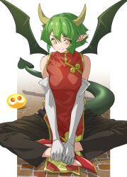 Rule 34 | 1girl, bare shoulders, black pants, butterfly sitting, china dress, chinese clothes, commentary, draco centauros, dress, elbow gloves, full body, gloves, green hair, hair between eyes, hands on own feet, highres, horns, looking at viewer, monster girl, no pupils, on ground, pants, pointy ears, puyo (puyopuyo), puyopuyo, red dress, short hair, side slit, sitting, sleeveless, sleeveless dress, smile, solo, tail, tanabe (fueisei), white gloves, wings, yellow eyes