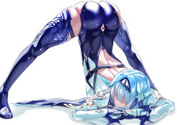 Rule 34 | 1girl, arm rest, ass, back cutout, blue gloves, blue hair, blue leotard, blue thighhighs, boots, capelet, closed mouth, clothing cutout, covered eyes, eula (genshin impact), flexible, from side, full body, genshin impact, gloves, hair ornament, hairband, head rest, highres, jack-o&#039; challenge, leotard, light blue hair, meme, simple background, solo, thigh boots, thighhighs, top-down bottom-up, uenoryoma, white background, white sleeves
