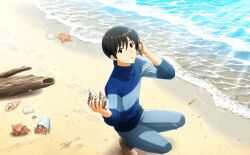 Rule 34 | 1boy, beach, black eyes, black hair, blue sweater, crab, footprints, fuyumi jun, highres, holding, holding shell, idolmaster, idolmaster side-m, idolmaster side-m live on stage!, official art, pants, parted lips, sand, seashell, shell, shoes, shore, starfish, sweater