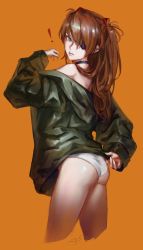 Rule 34 | 1girl, absurdres, ass, bare legs, black choker, blue eyes, brown hair, choker, clothes pull, evangelion: 3.0+1.0 thrice upon a time, eyebrows hidden by hair, eyepatch, from behind, green jacket, highres, hyde (tabakko), jacket, jacket pull, long hair, looking at viewer, looking back, neon genesis evangelion, one eye covered, panties, rebuild of evangelion, shiny skin, simple background, solo, souryuu asuka langley, two side up, underwear, white panties, yellow background