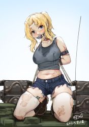 Rule 34 | 1girl, arms behind back, ball gag, bdsm, blonde hair, blue eyes, blue sky, bondage, bound, breasts, commission, dated, day, gag, girls und panzer, hair intakes, highres, iuui, kay (girls und panzer), lactation, large breasts, looking at viewer, medium hair, navel, outdoors, pee, peeing, peeing self, restrained, saliva, second-party source, sex toy, short shorts, shorts, skindentation, sky, smile, solo, sweat, sweaty clothes, tears, thighhighs, torn clothes, torn thighhighs, vibrator, vibrator in thighhighs, wet pants, white thighhighs