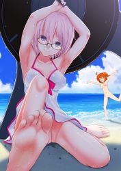 Rule 34 | 2girls, ahoge, armpits, barefoot, beach, bottomless, breasts, cleavage, cleft of venus, closed mouth, day, denkaisui, fate/grand order, fate (series), feet, foot focus, fujimaru ritsuka (female), glasses, highres, light purple hair, looking at viewer, mash kyrielight, mash kyrielight (swimsuit of perpetual summer), multiple girls, nipples, no panties, nude, official alternate costume, open mouth, orange hair, pov, purple eyes, pussy, side ponytail, sitting, smile, soles, toes, uncensored