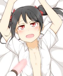 Rule 34 | 10s, 1girl, black hair, blush, bow, breast poke, breasts, covered erect nipples, feitonokesin, glowstick, hair bow, highres, looking at viewer, love live!, love live! school idol project, lying, medium hair, no bra, on back, open clothes, open mouth, poking, red eyes, small breasts, solo, yazawa nico