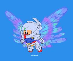 Rule 34 | black eyes, blue background, character name, chibi, clenched hands, colored sclera, copyright name, energy wings, evan palmer, flying, gundam, highres, mecha, moonlight butterfly (gundam), orange sclera, robot, sd gundam, solo, turn a gundam, turn a gundam (mobile suit)