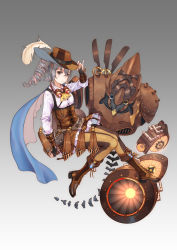 Rule 34 | 1girl, aiming, aiming at viewer, alternate costume, binoculars, boots, bronya zaychik, brown footwear, brown hat, brown pants, closed mouth, drill hair, feather hair ornament, feathers, fingerless gloves, flower, full body, gloves, grey eyes, grey hair, hair between eyes, hair ornament, hat, highres, holding, holding clothes, holding hat, honkai (series), honkai impact 3rd, long sleeves, looking at viewer, pants, polo shirt, project bunny, shirt, solo, steampunk, tachi-e, twin drills, white shirt, ye zi you bei jiao ju ge