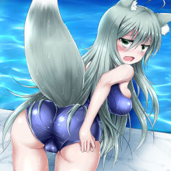 Rule 34 | 1girl, adjusting clothes, adjusting swimsuit, ahoge, animal ears, ass, bags under eyes, blush, breasts, concon-collector, fox ears, fox tail, green eyes, highres, long hair, looking at viewer, looking back, one-piece swimsuit, open mouth, original, pool, school swimsuit, shimo (depthbomb), shiny clothes, silver hair, solo, swimsuit, tail, water, wet, wet clothes, wet swimsuit