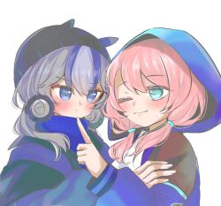Rule 34 | 2girls, arknights, blue eyes, blue hair, blue poison (arknights), blush, closed mouth, double bun, finger to another&#039;s mouth, fukarinchi, glaucus (arknights), hair bun, hand on another&#039;s shoulder, highres, hood, hood up, hooded jacket, jacket, long sleeves, low twintails, multicolored hair, multiple girls, one eye closed, pink hair, portrait, shirt, simple background, streaked hair, twintails, white background, white shirt