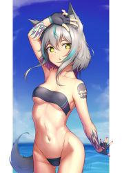 Rule 34 | 1girl, animal ear fluff, animal ears, aqua hair, armpits, breasts, casual one-piece swimsuit, cat girl, cat tail, covered navel, grey hair, gris swimsuit, hair between eyes, highleg, highleg swimsuit, highres, looking at viewer, medium breasts, meme attire, multicolored hair, navel, nitrus, off-shoulder one-piece swimsuit, off shoulder, one-piece swimsuit, original, purple hair, see-through, see-through one-piece swimsuit, see-through swimsuit, shiny clothes, shiny skin, short hair, standing, stomach, strapless, strapless one-piece swimsuit, swimsuit, tail, tattoo, yellow eyes