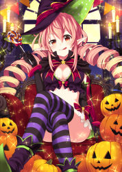 Rule 34 | 1girl, ass, black hat, black thighhighs, boots, bow, breasts, candy, cleavage, coconat summer, commentary request, crop top, crossed legs, drill hair, food, green hat, hair between eyes, halloween, hat, highres, holding, jack-o&#039;-lantern, large breasts, lollipop, long hair, looking at viewer, midriff, original, pink bow, pink hair, pumpkin, purple footwear, purple thighhighs, red eyes, sitting, smile, solo, striped clothes, striped thighhighs, thighhighs, tongue, tongue out, twin drills, witch hat