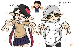 2girls aged_down aiura_chan black_pants callie_(splatoon) cardigan double_v hair_ornament highres jacket marie_(splatoon) multiple_girls nintendo official_alternate_costume official_alternate_hairstyle one_eye_closed pants skirt splatoon_(series) splatoon_3 track_jacket v