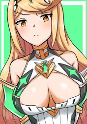 Rule 34 | 1girl, absurdres, blonde hair, breasts, cleavage, cleavage cutout, closed mouth, clothing cutout, gem, green background, hair ornament, highres, large breasts, long hair, looking at viewer, mythra (xenoblade), nintendo, simple background, solo, staring, swept bangs, theakingu, tsundere, very long hair, white background, xenoblade chronicles (series), xenoblade chronicles 2, yellow eyes