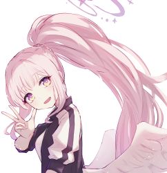 Rule 34 | 1girl, alternate costume, alternate hairstyle, angel wings, blue archive, blush, halo, highres, jacket, jersey, long hair, looking at viewer, mika (blue archive), open mouth, pink hair, ponytail, reizouko, sidelocks, simple background, smile, track jacket, track suit, w, white background, wings, yellow eyes
