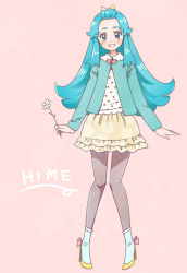 Rule 34 | 10s, 1girl, alternate hairstyle, black pantyhose, blue eyes, blue hair, blush, boots, casual, character name, english text, eyelashes, fashion, female focus, flower, full body, hair ornament, hair ribbon, half updo, happinesscharge precure!, happy, high heel boots, high heels, jacket, kagami chihiro, long hair, looking at viewer, matching hair/eyes, pantyhose, pink background, precure, ribbon, shirayuki hime, shirt, simple background, skirt, smile, solo