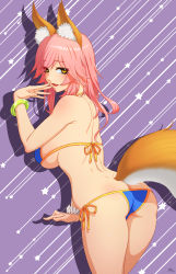 Rule 34 | 1girl, absurdres, animal ear fluff, animal ears, ass, back, bangle, bikini, blue bikini, bracelet, breasts, butt crack, darkmuleth, dimples of venus, fate/grand order, fate (series), fox ears, fox tail, from behind, hand to own mouth, hat, highres, jewelry, large breasts, looking at viewer, looking back, naughty face, open mouth, pink hair, scrunchie, side-tie bikini bottom, skindentation, smile, solo, star (symbol), straw hat, sun hat, swimsuit, tail, tamamo (fate), tamamo no mae (fate/extra), tamamo no mae (swimsuit lancer) (fate), underboob, wrist scrunchie, yellow eyes