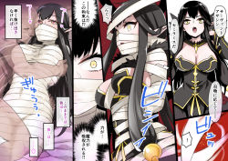 Rule 34 | 1boy, 1girl, bandages, bdsm, black hair, black shirt, black skirt, bondage, bound, breasts, cleavage, cloth gag, commentary request, fate/apocrypha, fate (series), fur trim, gag, gagged, heart, heart-shaped pupils, hug, ichika (ichi ka0), improvised gag, large breasts, long hair, looking at viewer, lying, mummification (bound), on back, open mouth, over the nose gag, pointy ears, semiramis (fate), shirt, skirt, speech bubble, strapless, strapless shirt, symbol-shaped pupils, translation request, very long hair, yellow eyes