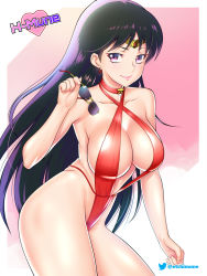 Rule 34 | 1girl, bishoujo senshi sailor moon, black hair, border, breasts, casual one-piece swimsuit, circlet, cleavage, closed mouth, collarbone, etchimune, unworn eyewear, hino rei, holding, holding removed eyewear, large breasts, long hair, looking at viewer, multicolored hair, one-piece swimsuit, pink lips, purple eyes, purple hair, red one-piece swimsuit, sideboob, smile, solo, sunglasses, swimsuit, twitter logo, twitter username, two-tone hair, very long hair, white border