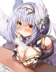 Rule 34 | animal ears, bad id, bad nicoseiga id, bare shoulders, belko, between breasts, blush, breasts, breasts squeezed together, cleavage, cleavage cutout, clothing cutout, commentary request, eyelashes, food, frills, frown, hair intakes, hair ornament, hairbangs, highres, kanpani girls, large breasts, long hair, long sleeves, popsicle, sexually suggestive, shiny skin, shoulder cutout, silver hair, simple background, sleeves past wrists, solo, sweat, table, upper body, white background, yellow eyes