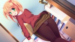 Rule 34 | 1girl, ass, blush, box, brown pantyhose, carrying, character request, clothes lift, dutch angle, embarrassed, female focus, game cg, green eyes, hair ribbon, looking back, orange hair, panties, panties under pantyhose, pantyhose, ribbon, short hair, skirt, skirt lift, solo, source request, tagme, two side up, underwear, yayoi and nagi